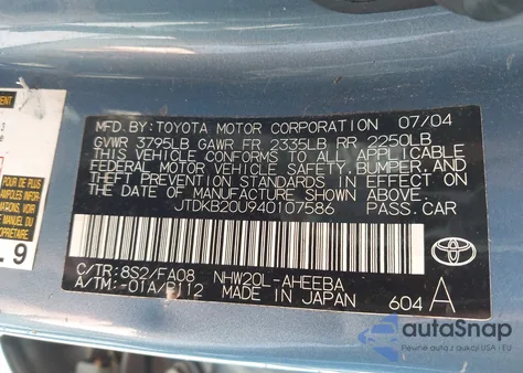 2004 Toyota Prius z USA, uszkodzony, nr VIN JTDKB20U940107586